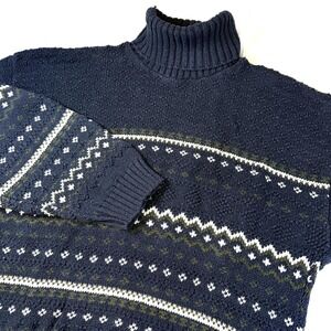 Vintage 90s Liberty Sweaters Turtleneck Snowflake Navy Blue Men's Large USA Made